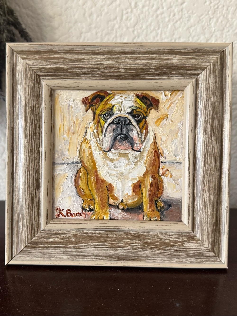 Hand painted oil painting English Bulldog portrait signed framed 4x4 inches